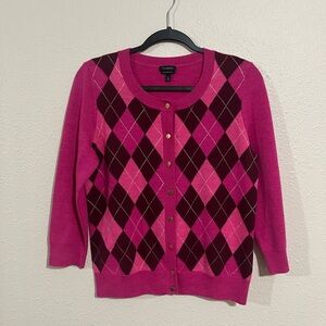 Talbots Wool Cardigan Sweater with Pink Argyle Pattern Size Medium M